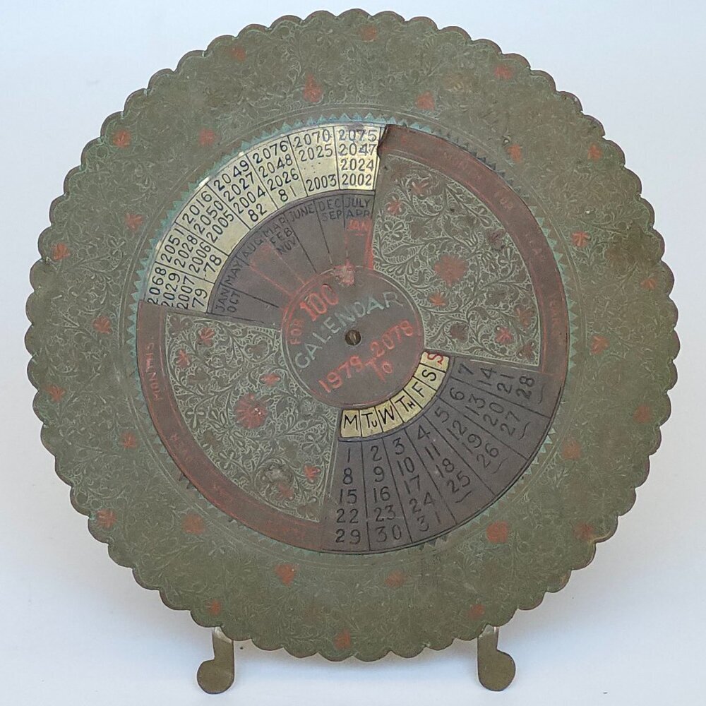 100 Year Perpetual Calendar Brass Stand Up 1979-2078 Desktop Disc w Stand UNIQUE